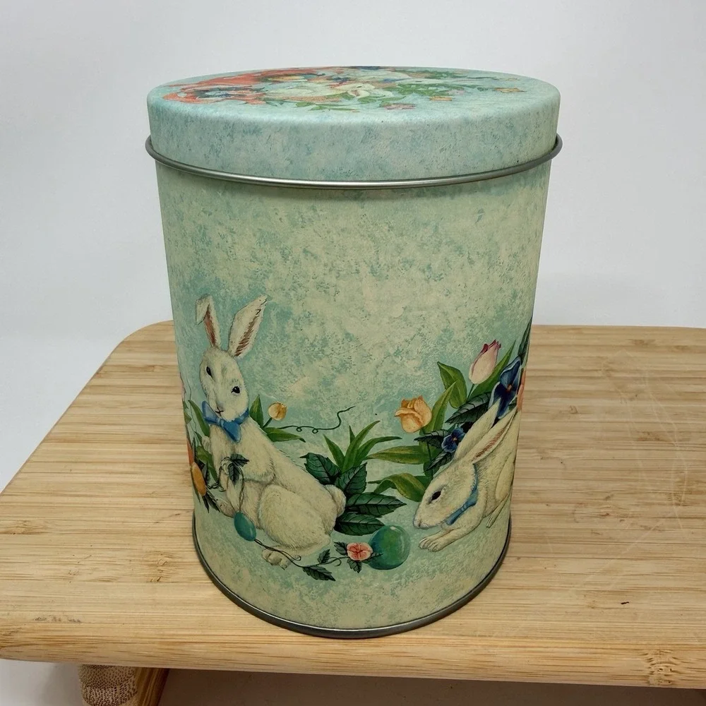 Vintage Easter Bunny Rabbit Nesting Tins Set of 2 Spring Floral Cottagecore